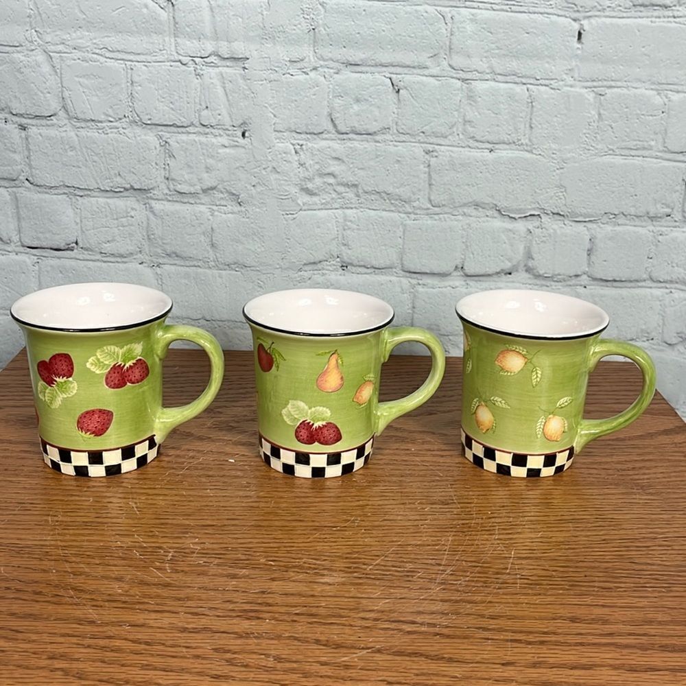 Debbie Mumm Classic Fruit Bowl design mugs set 3 EUC